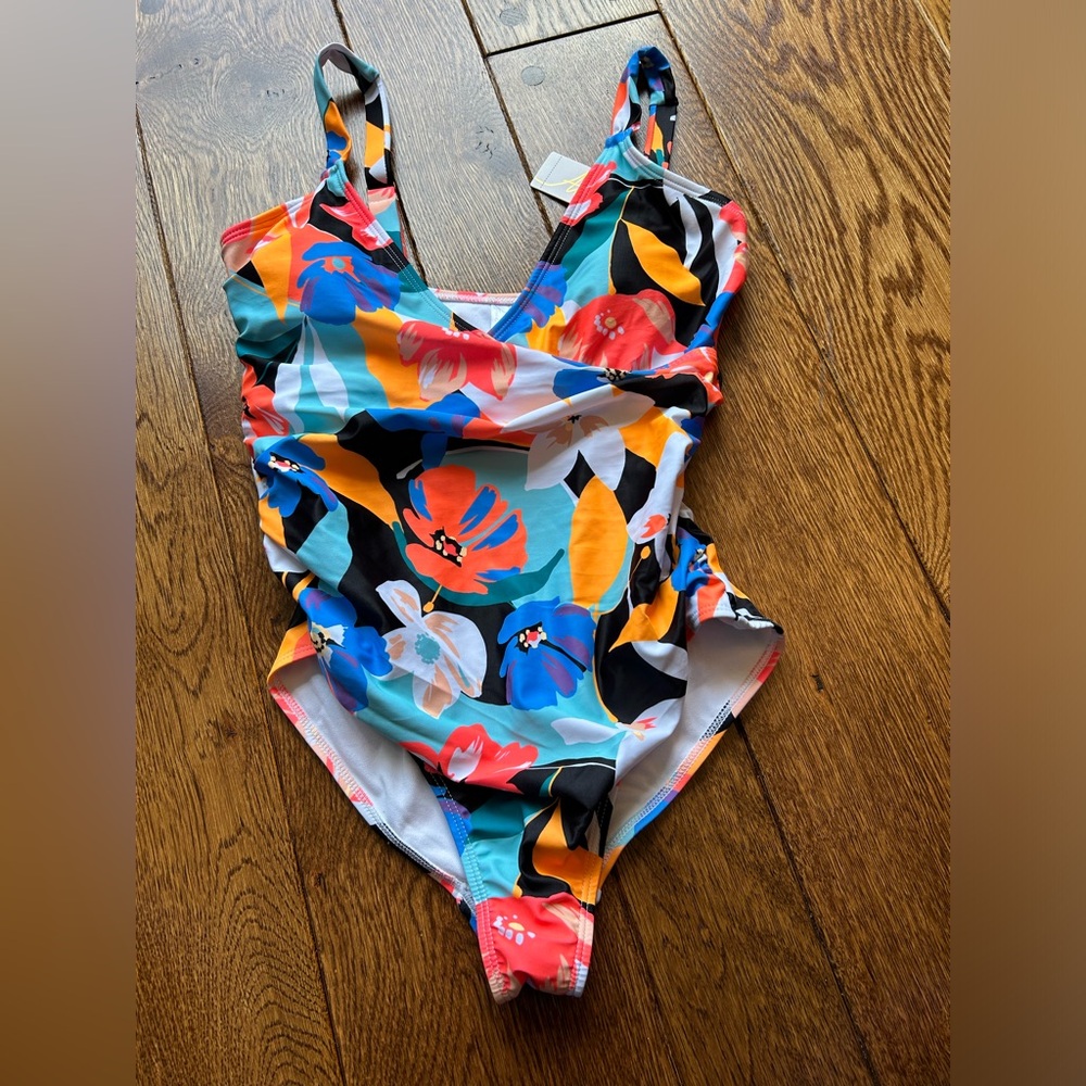 Anne Cole Floral One-Piece Swimsuit in Blue, Orange, Red, Black & White